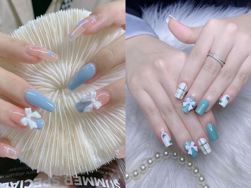 nail xanh ngọc đính nơ