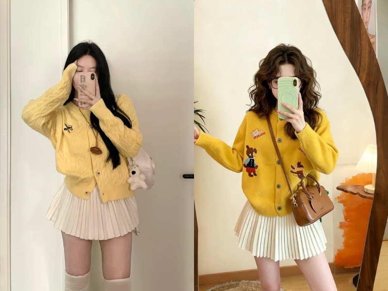 phối đồ áo màu vàng với váy màu be