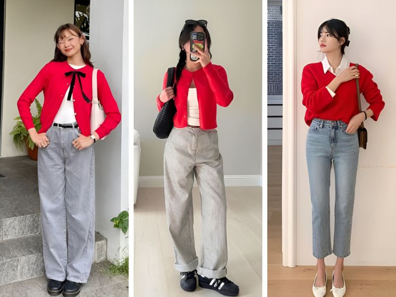 Phối áo len đỏ với quần jean xám và áo trắng