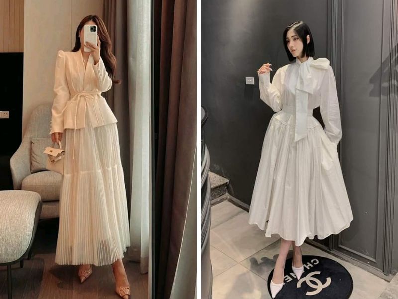 chân váy trắng dài và áo blouse