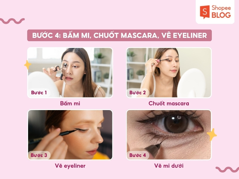 Bước bấm mi, chuốt mascara và vẽ eyeliner