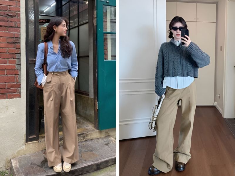 quần màu kaki và áo màu xanh dương