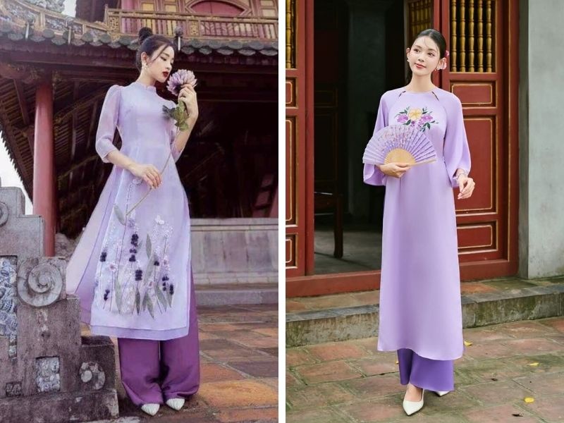 Áo dài tím phối với quần ton sur ton