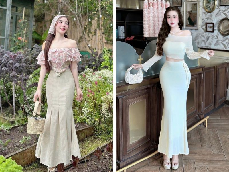 áo trễ vai croptop và chân váy đuôi cá