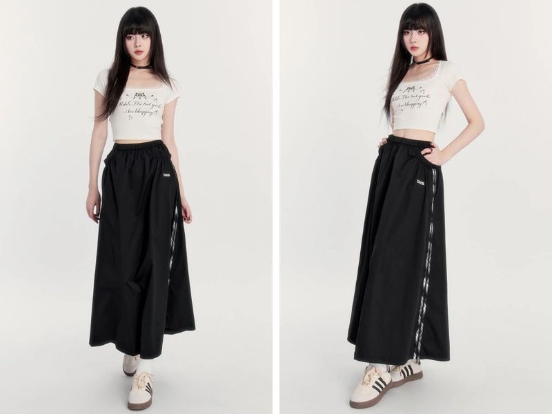 Cách phối chân váy dài với áo croptop