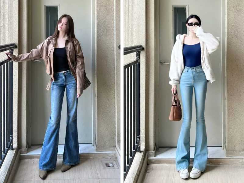 Cách phối quần jean ống loe với áo hai dây