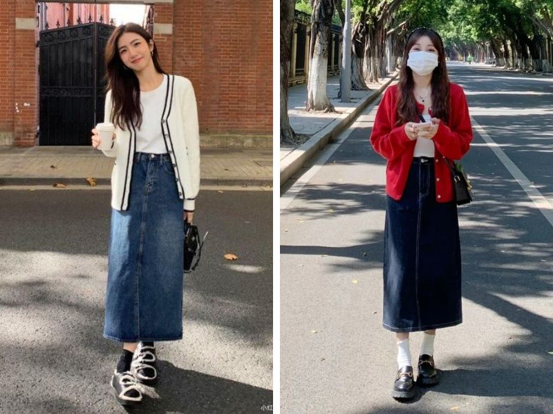 cardigan basic màu trắng hoặc đỏ mix với chân váy dài denim