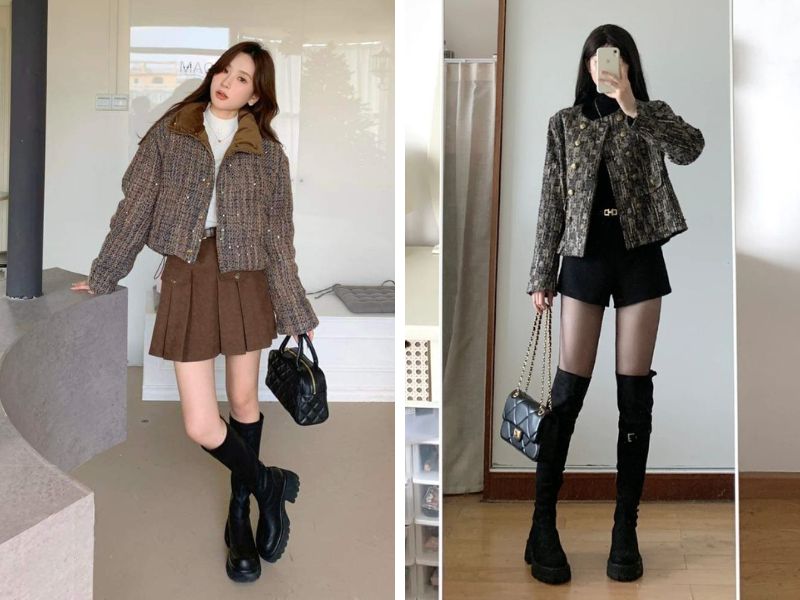 áo dạ tweed với áo cổ lọ và boot đen