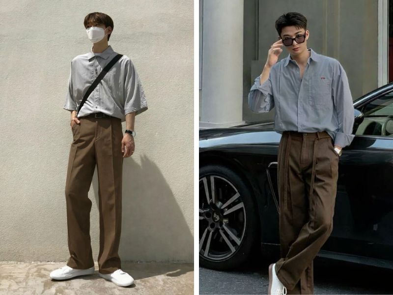 áo sơ mi xám với quần kaki nâu