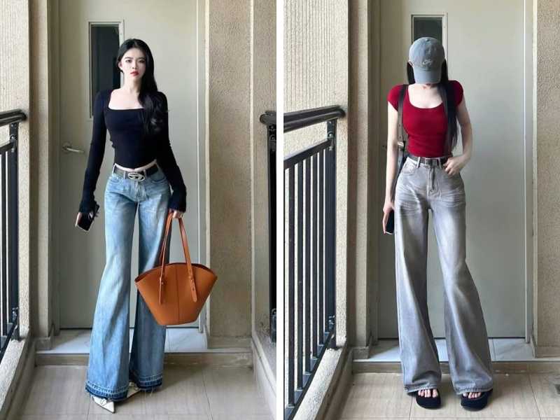 Cách kết hợp quần jean ống loe nữ với croptop