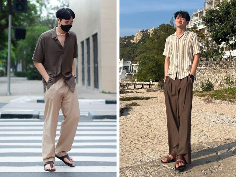 áo sơ mi với quần chinos và dép nam