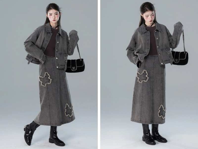Phối chân váy với áo thun và áo khoác jean