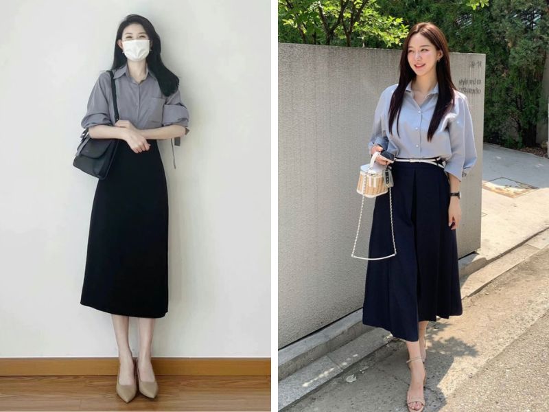 áo sơ mi với chân váy bút chì và chân váy chữ a