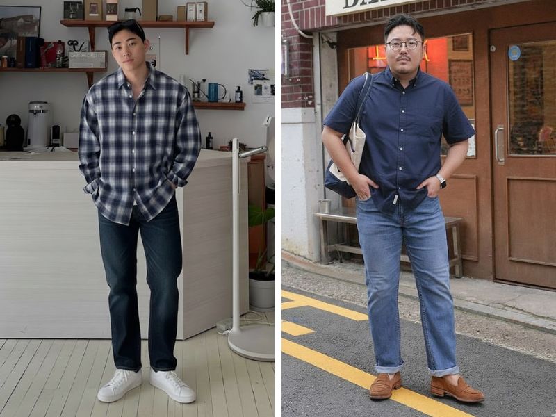 áo sơ mi ca rô đen hoặc áo sơ mi trơn và quần jean ống đứng nam mập 80kg