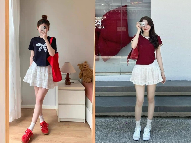 Phối váy ngắn xoè màu trắng với áo thun baby tee