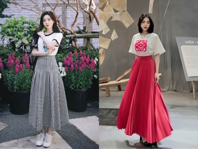 Phối áo thun với chân váy xếp ly đẹp