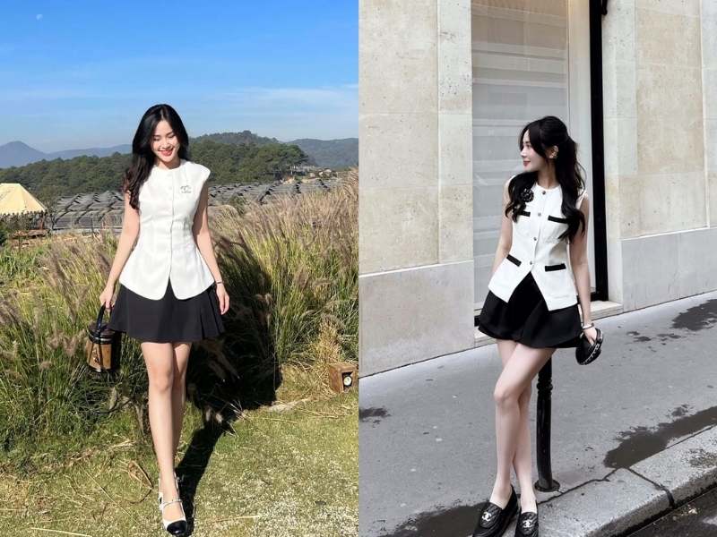 Phối chân váy ngắn xoè với set áo chiết eo
