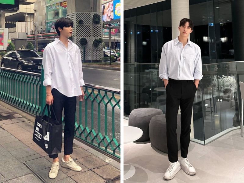 áo sơ mi trắng quần chinos đen
