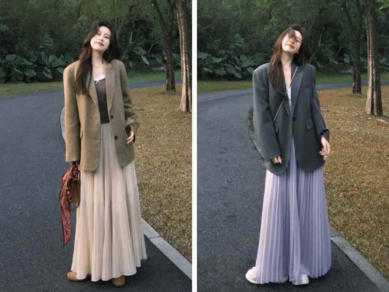 Chân váy dài mặc với croptop và blazer