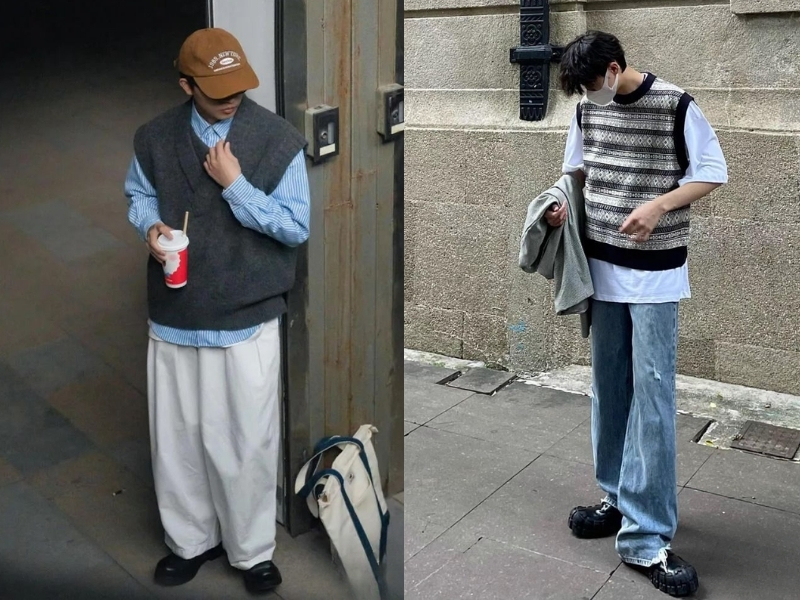  áo gile len nam phối quần ống rộng