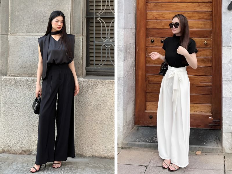 Phối quần ống suông với giày sandal cao gót