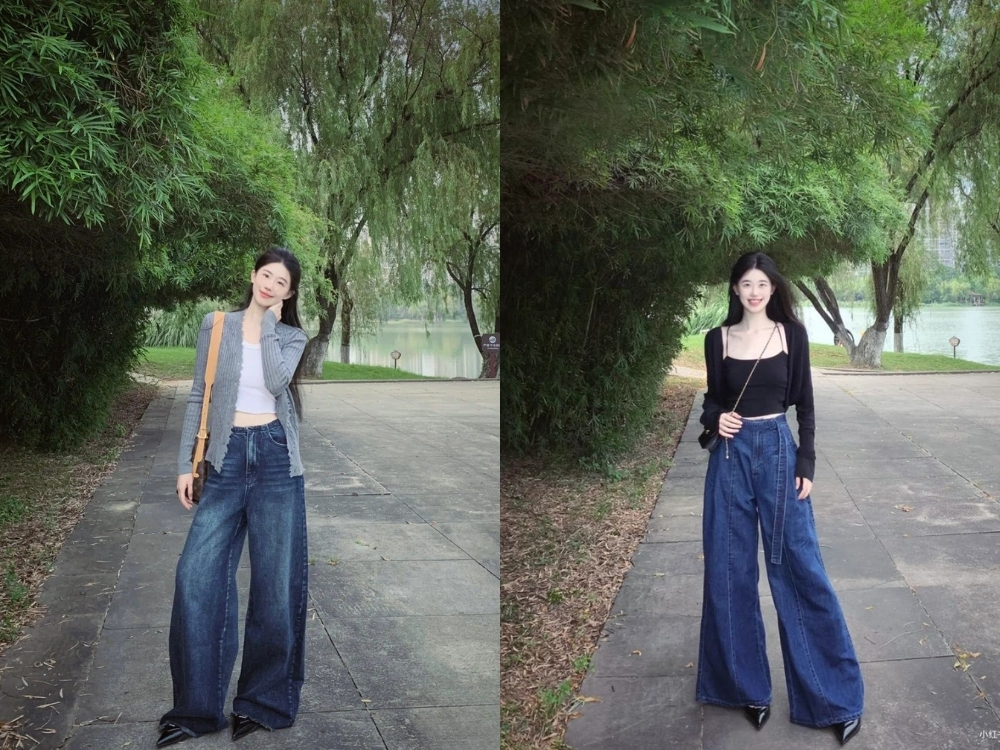 Quần jean ống suông nữ phối đồ kiểu layering
