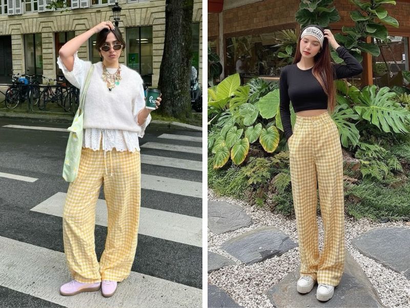 áo trắng hoặc đen phối quần caro vàng