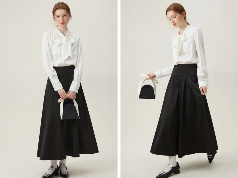 Cách phối chân váy suông dài với sơ mi kiểu