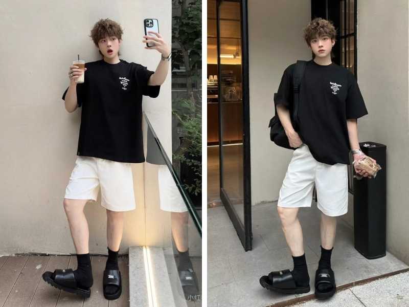 Phối áo thun đen với quần short nam màu trắng