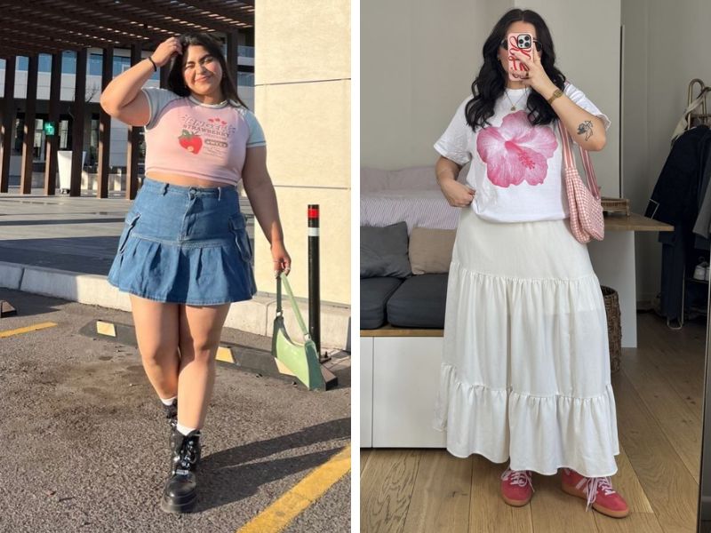 áo babytee với chân váy chữ a ngắn và dài