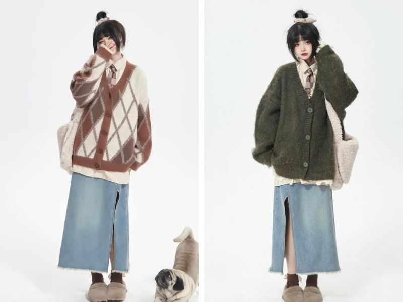 Cách phối chân váy jean dài với áo cardigan