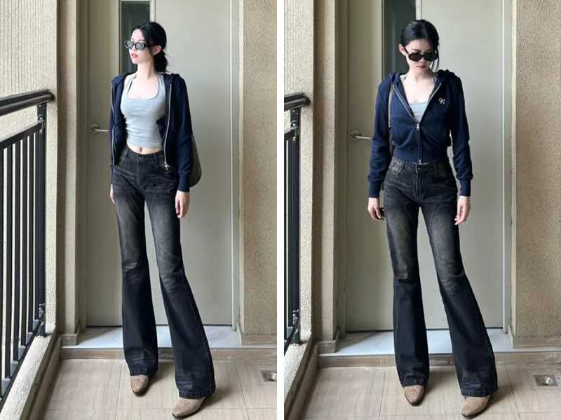 Cách phối áo ba lỗ với quần jean loe nữ