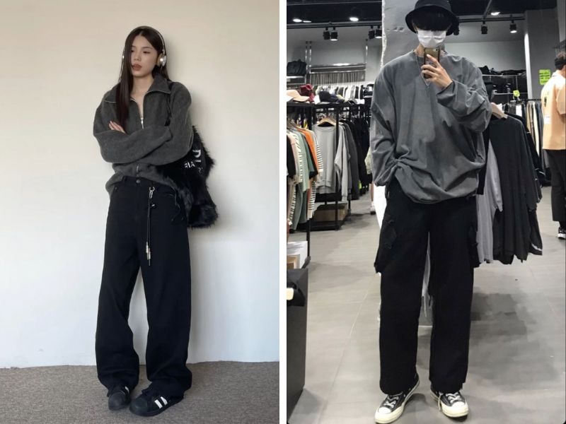 áo hoodie và sweater màu ghi phối quần đen