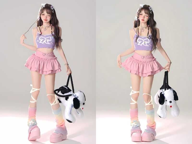 Phối chân váy hồng với croptop tím pastel