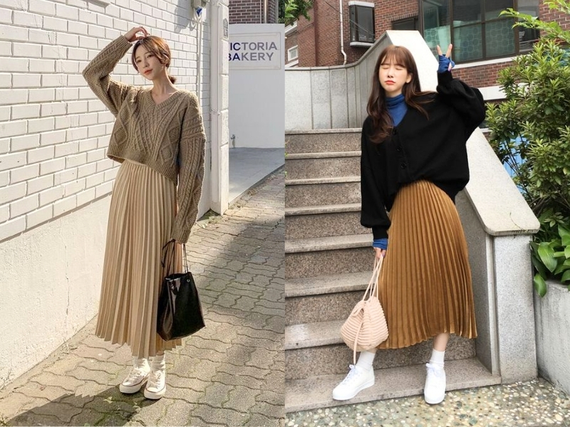 Váy xếp ly phối áo len hoặc sweater