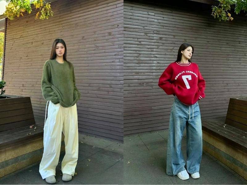Áo sweater trơn phối quần ống rộng mùa đông
