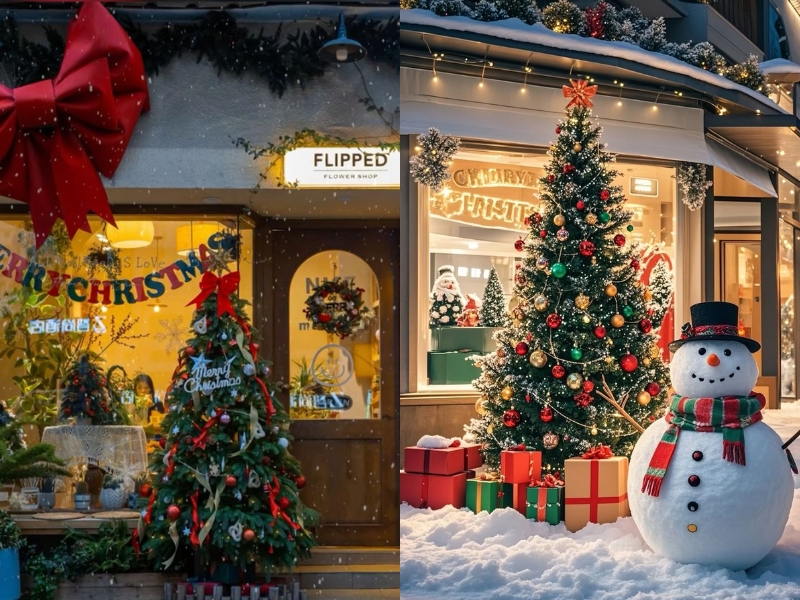 trang trí cây thông Noel ngay trước cửa hàng 