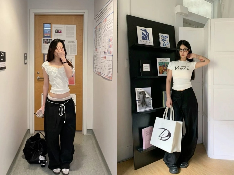 Phối đồ với quần suông đen cùng áo croptop