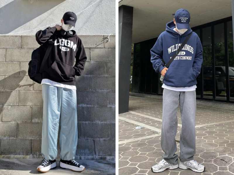 Mix quần jean ống rộng mùa đông với áo hoodie