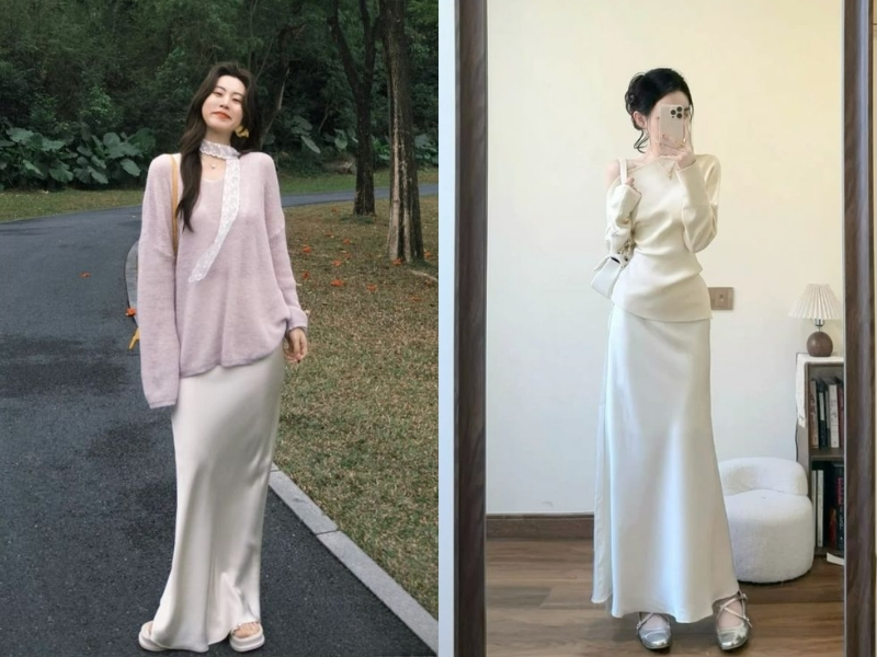 Phối chân váy đuôi cá dài với áo len mỏng
