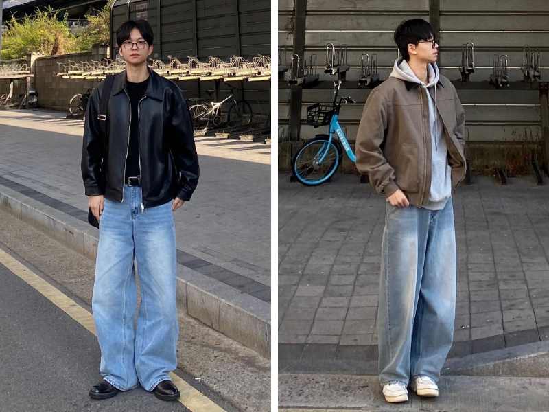 Phối áo khoác da với quần jean ống rộng