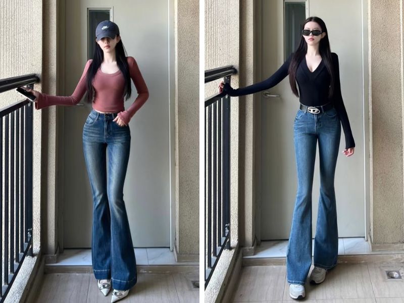 Cách phối quần bò loe với áo hai dây nữ