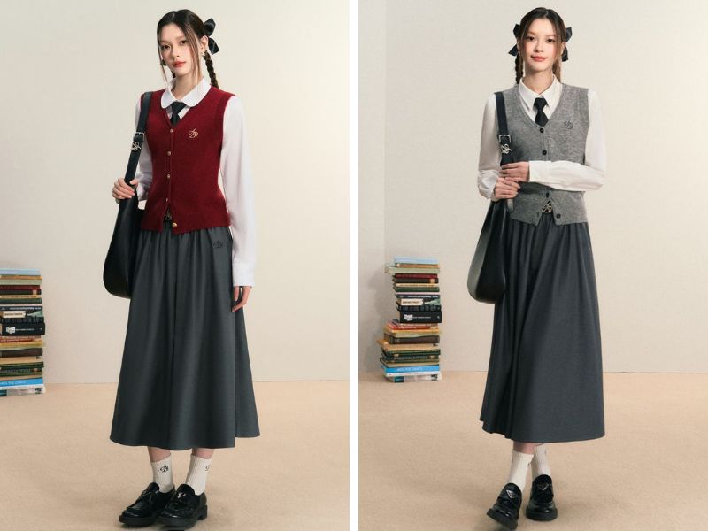 Cách mix áo gile với váy đi làm