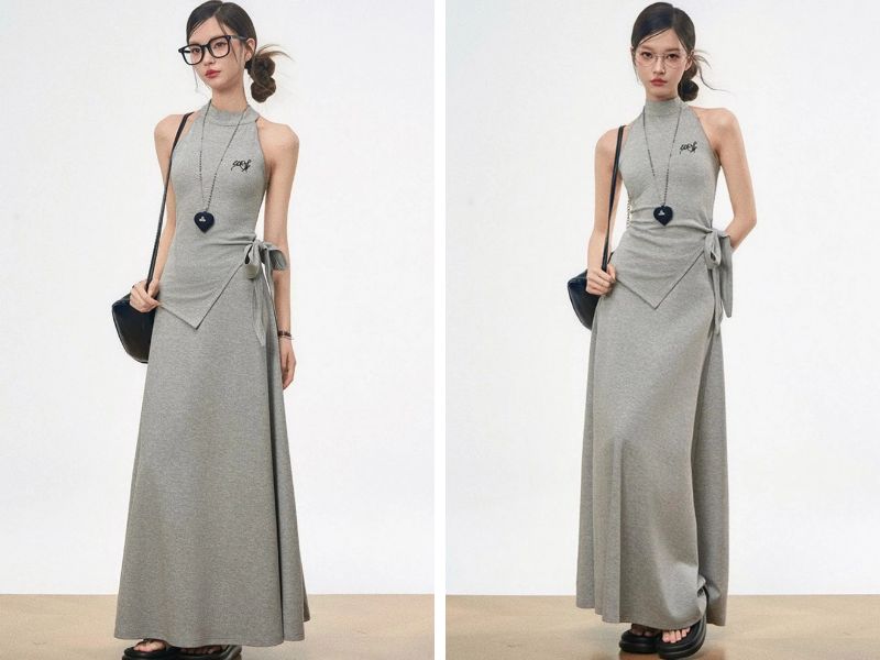 Cách phối chân váy suông dài với áo ba lỗ