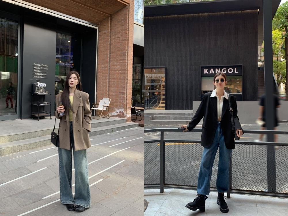 Outfit blazer phối quần jean ống suông nữ