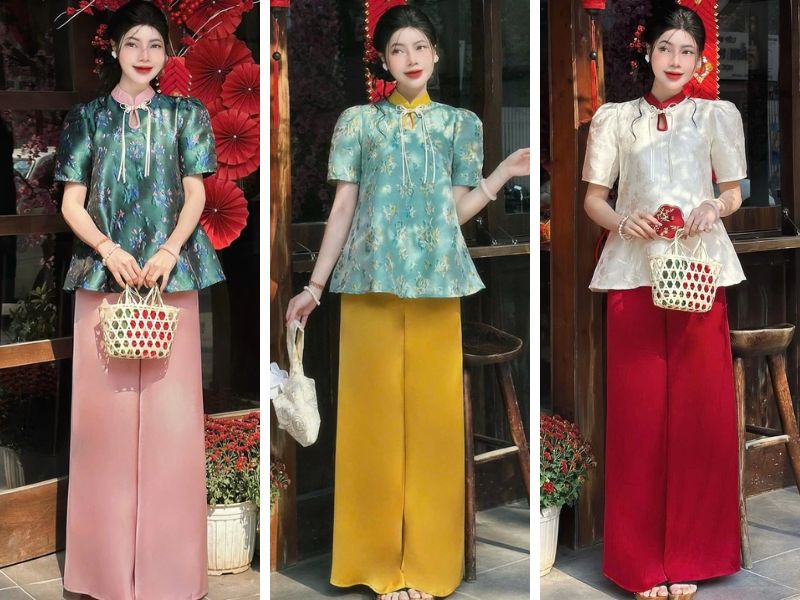 Set đồ đi chơi Tết cho nữ với áo gấm