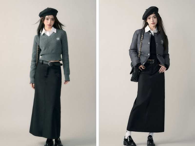 Chân váy suông dài phối cùng áo croptop