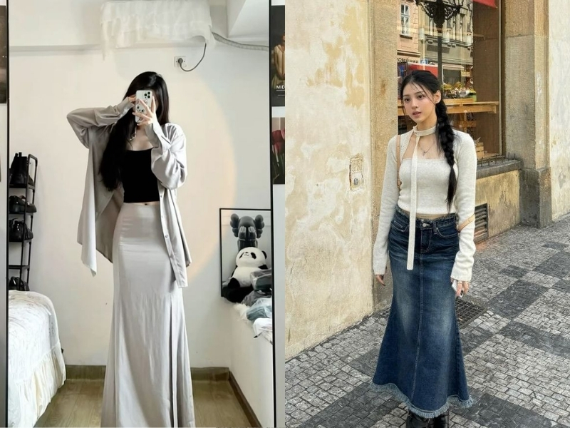 Phối chân váy đuôi cá dài với áo hai dây và áo khoác ngoài