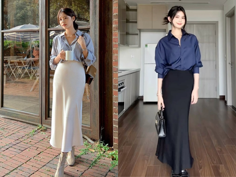Chân váy lụa phối áo sơ mi với phong cách công sở