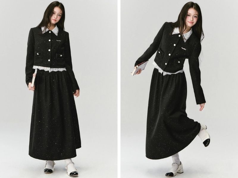 Cách phối chân váy dài với áo dạ tweed